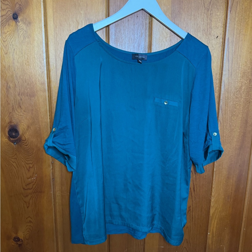 Ava & Viv Teal Button-Tab Sleeve Blouse
